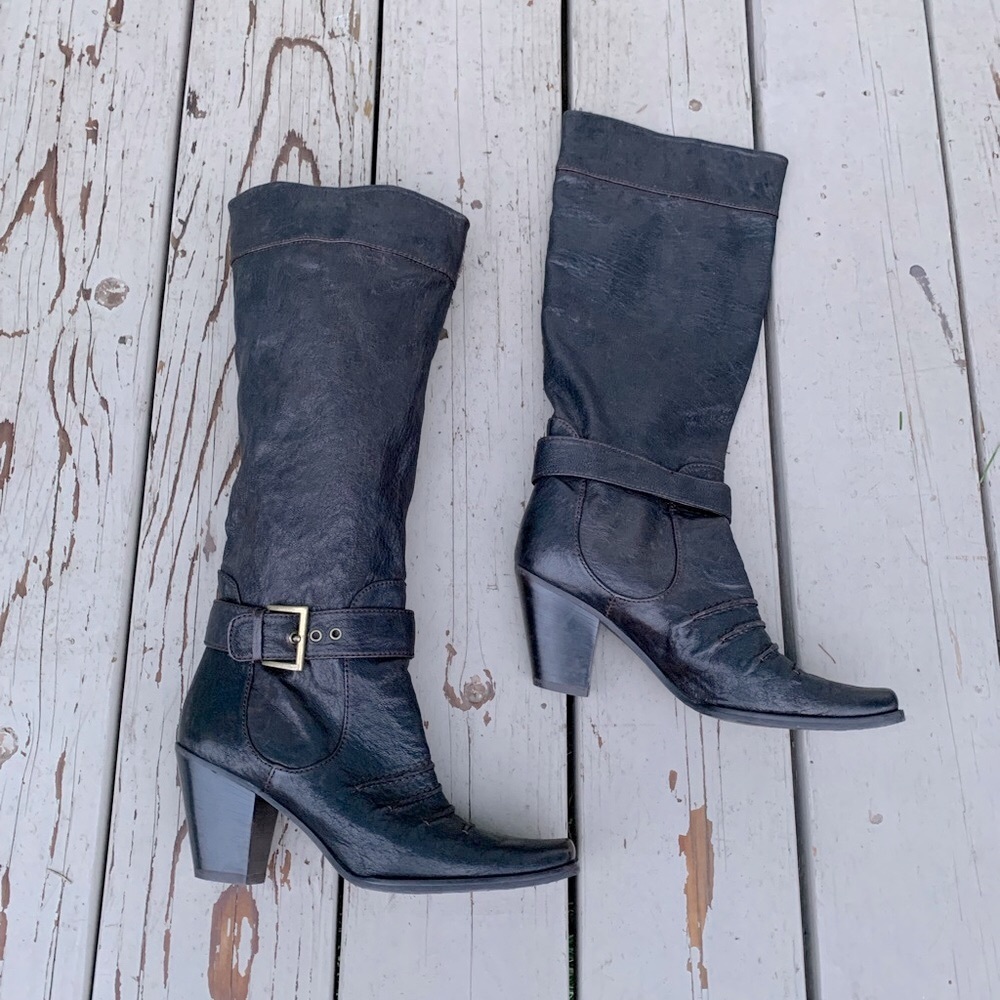 Stuart Weitzman buckle boot brown swashbuckler